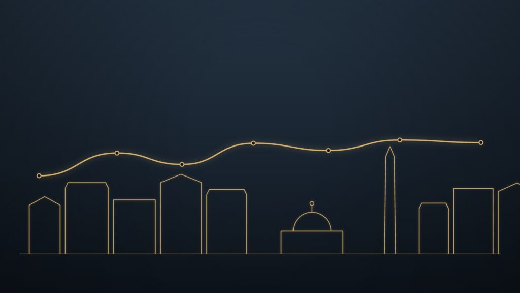 Gold line drawing of the Washington, DC skyline, with rowhouses, the Capitol dome and the Washington Monument, beneath a gently rising, leveling market trend line on a navy background.