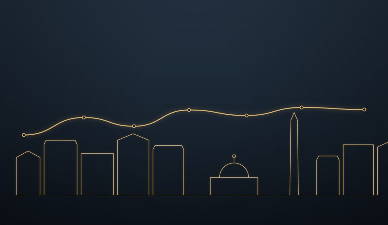 Gold line drawing of the Washington, DC skyline, with rowhouses, the Capitol dome and the Washington Monument, beneath a gently rising, leveling market trend line on a navy background.