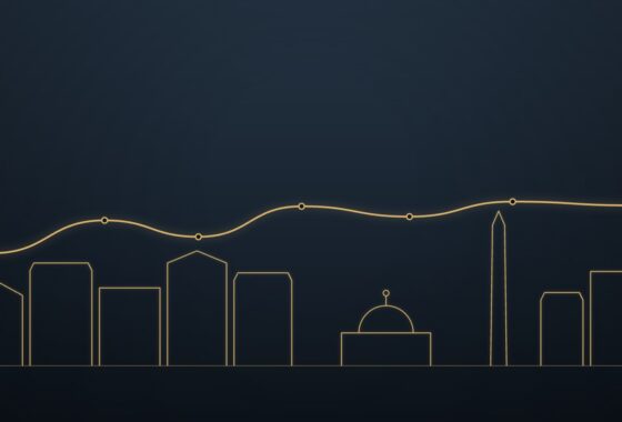 Gold line drawing of the Washington, DC skyline, with rowhouses, the Capitol dome and the Washington Monument, beneath a gently rising, leveling market trend line on a navy background.