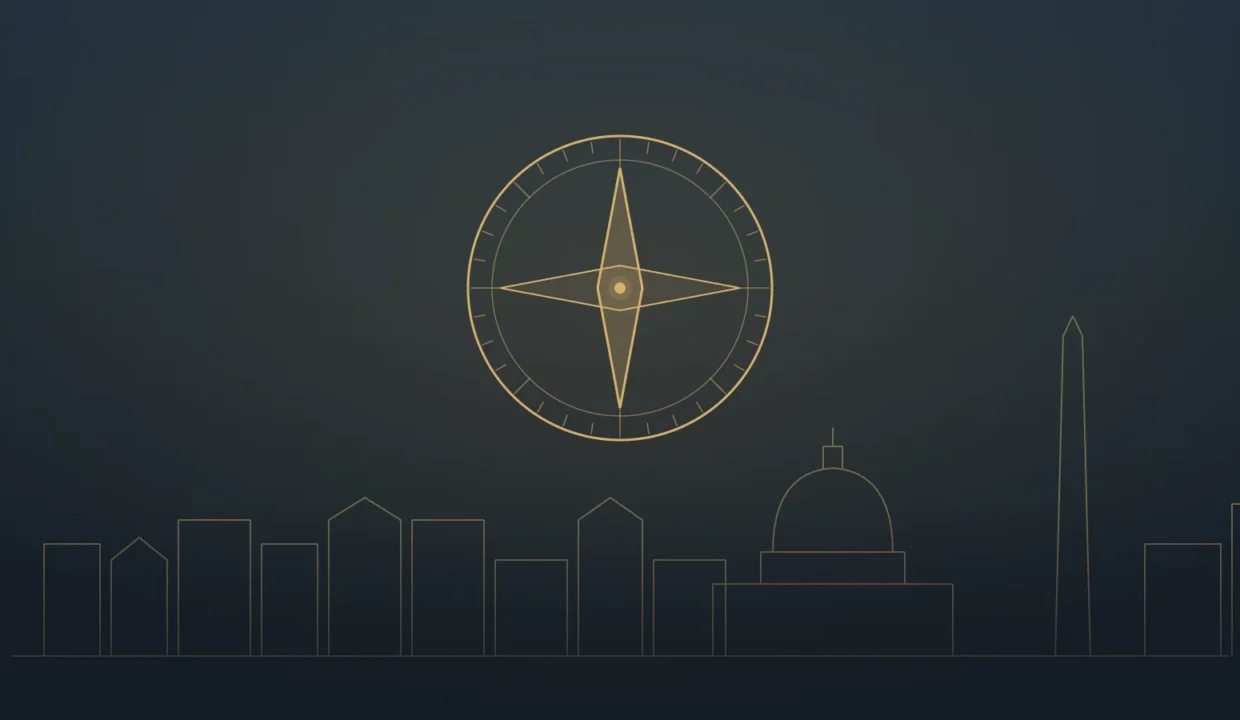 Gold line illustration of a compass rose above a Washington, DC skyline