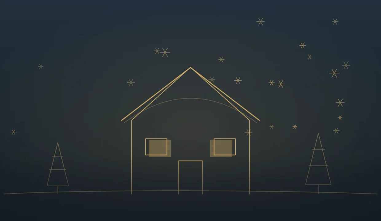 Gold line illustration of a house with snowflakes and a warm glowing window