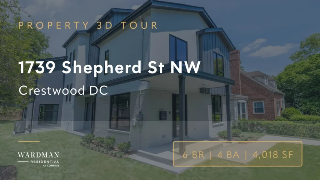 Property 3D tour title card over the front exterior of 1739 Shepherd St NW in Crestwood, Washington, DC