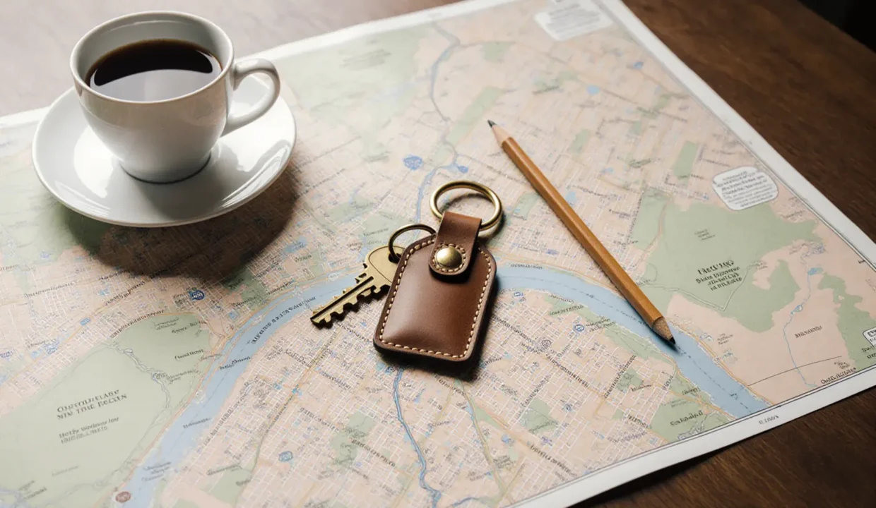 Brass house key on a leather fob resting on a city street map beside a coffee cup and pencil.
