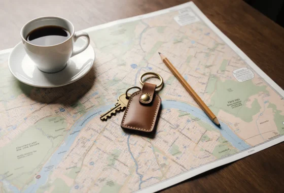 Brass house key on a leather fob resting on a city street map beside a coffee cup and pencil.