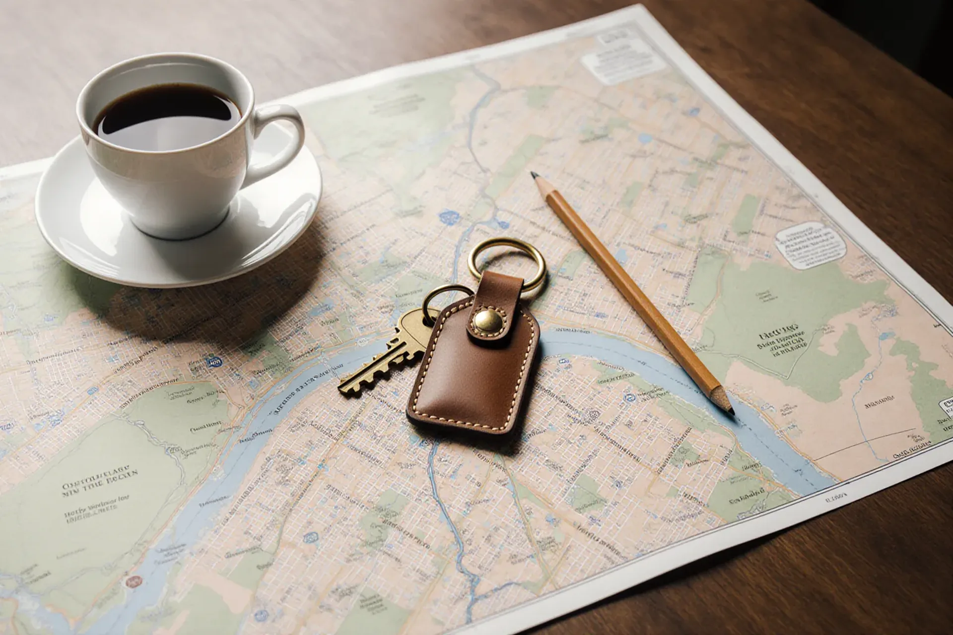 Brass house key on a leather fob resting on a city street map beside a coffee cup and pencil.