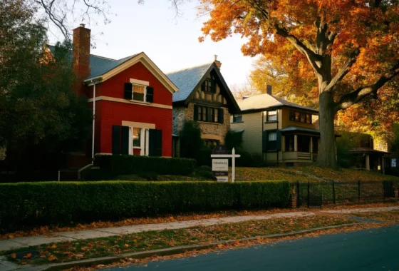 Brick Colonial, stone Tudor and porch house on an autumn street in upper Northwest DC, with a For Sale sign behind the hedge.