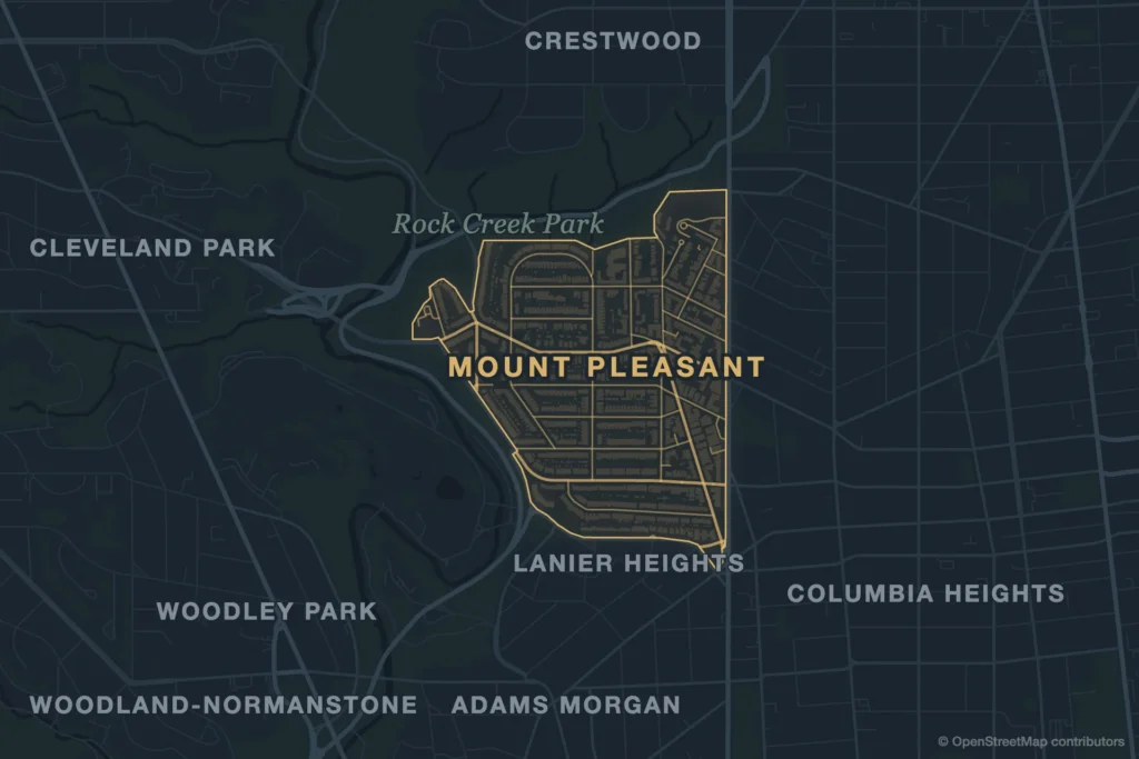 Map of the Mount Pleasant neighborhood in Washington, DC, with nearby areas and main roads labeled