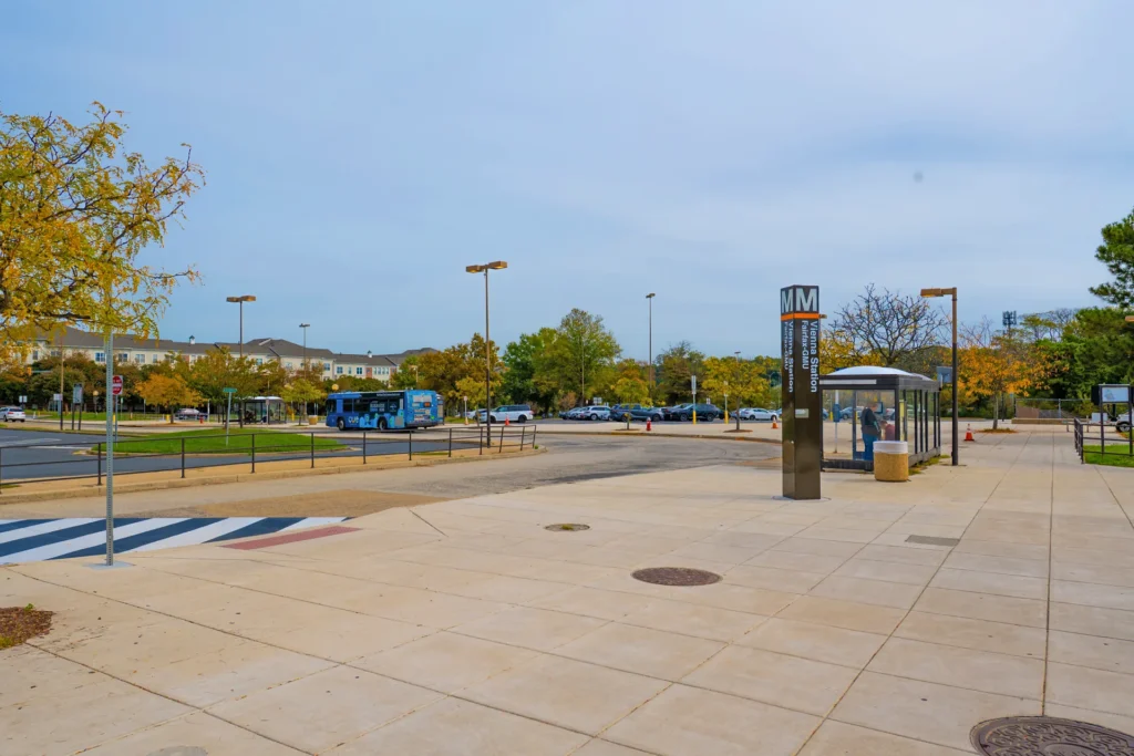 Bus bays and Metro pylon on the plaza at the Vienna/Fairfax-GMU station near Virginia Center, Vienna VA